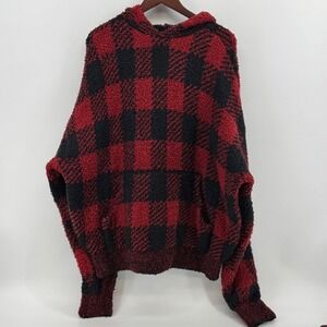 Skims Red Black Buffalo Plaid Oversized Popcorn Knit Hoodie Sweater L/XL